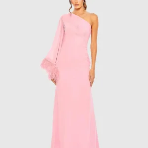 Feather Cuff One Shoulder Ruched Gown